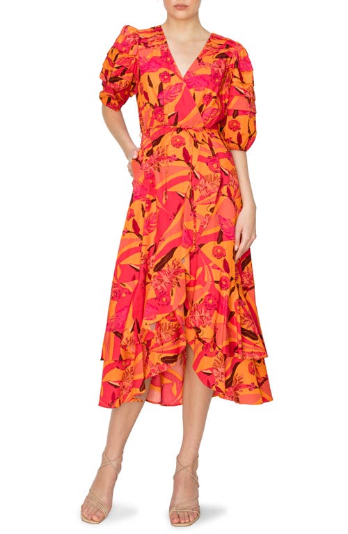 Poplin Floral Midi Wrap Dress in Orange Multi