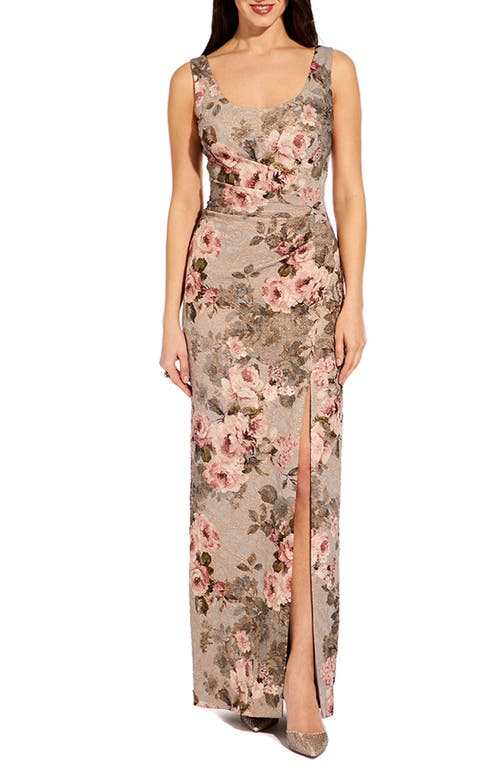 Adrianna Papell Floral Print Brocade Gown in Slate/Blush Multi