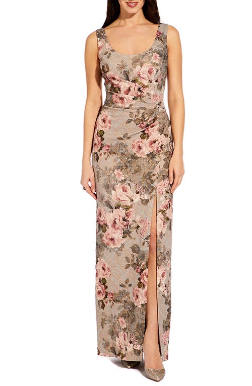 Shop Adrianna Papell Floral Print Brocade Gown In Slate/blush Multi