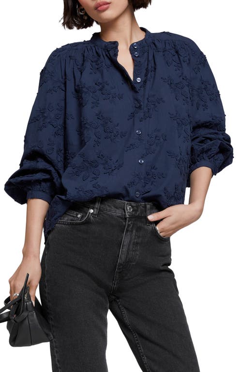 & Other Stories Band Collar Cotton Blouse in Navy