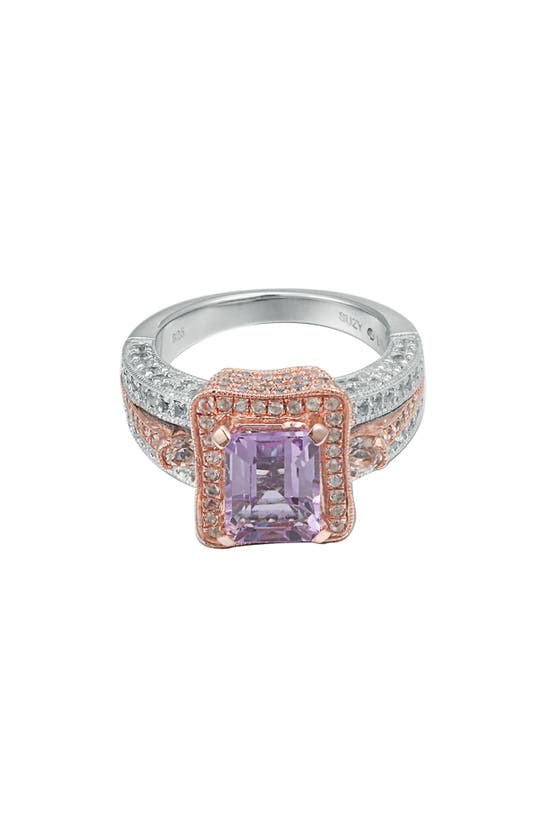 Shop Suzy Levian Two-tone Emerald Cut Amethyst & White Topaz Halo Ring In Pink