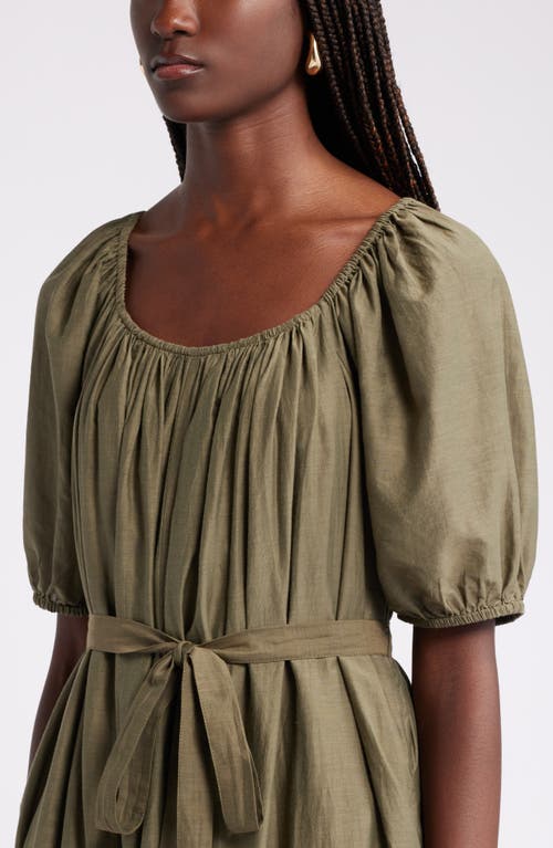 Nordstrom Tiered Blouson Sleeve Cotton & Silk Maxi Dress In Olive Burnt
