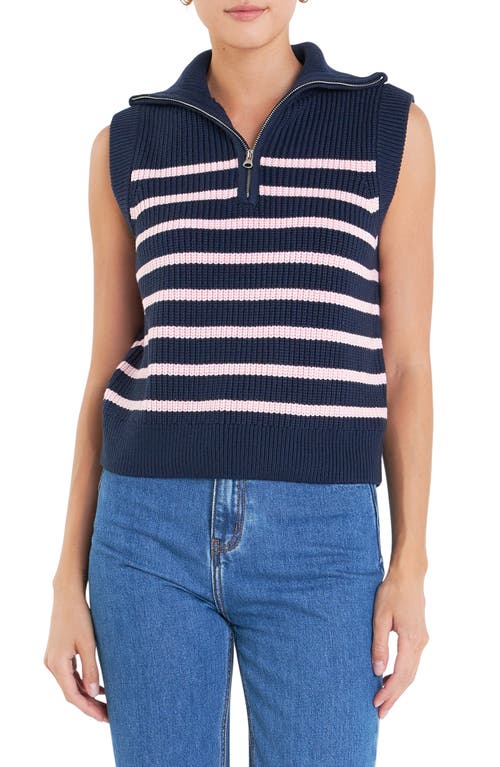 English Factory Stripe Sleeveless Quarter Zip Sweater In Navy/pink