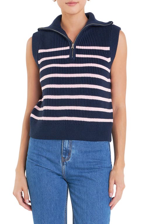 Shop English Factory Stripe Sleeveless Quarter Zip Sweater In Navy/pink