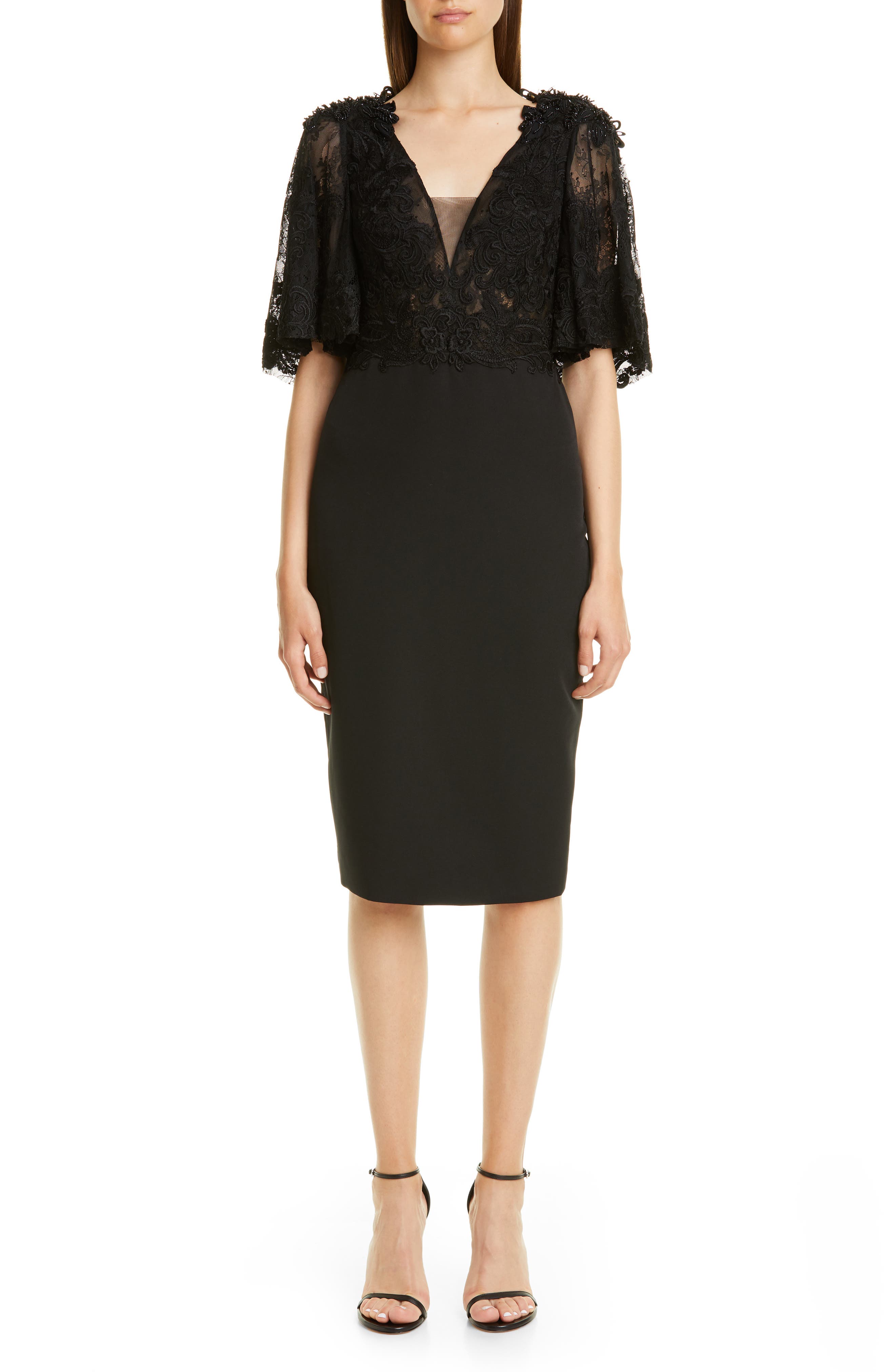Badgley Mischka Couture Embellished Lace Bodice Cocktail Dress, Black