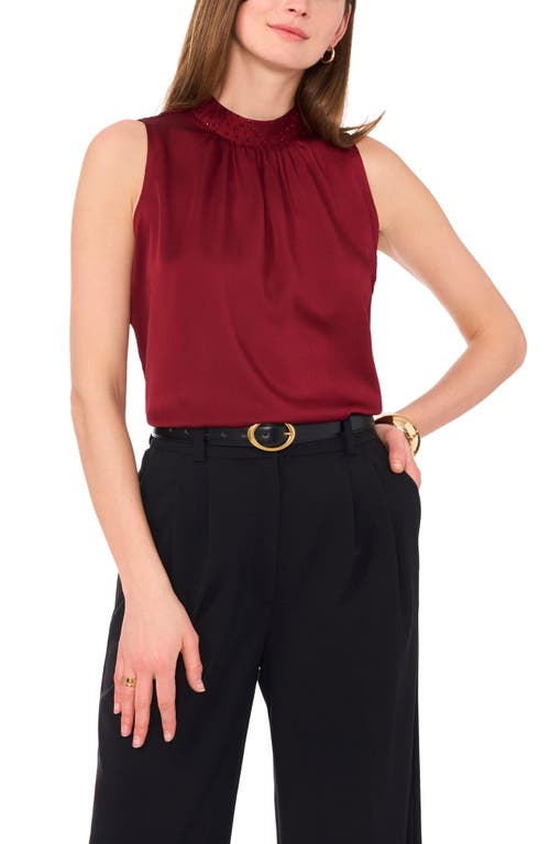 Shop Vince Camuto Beaded Mock Neck Sleeveless Hammered Satin Top In Ruby