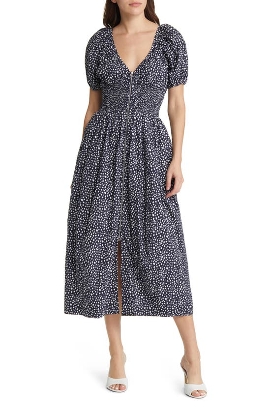 La Ligne Celina Printed Smocked Dress In Navy/ White Dot