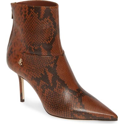 Jimmy Choo Beyla Snake Embossed Pointed Toe Bootie, Brown