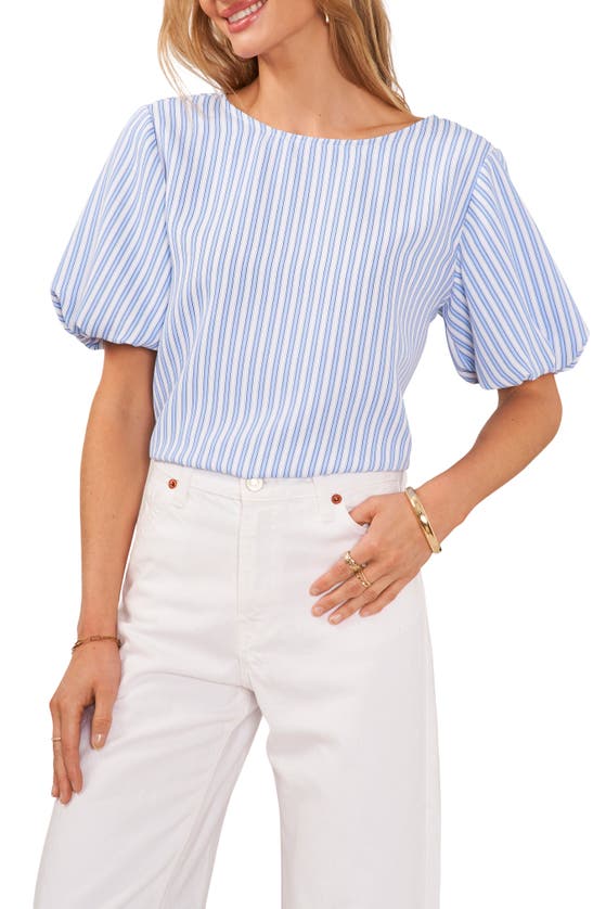 Shop Vince Camuto Stripe Puff Sleeve Crêpe De Chinetop In Airy Blue