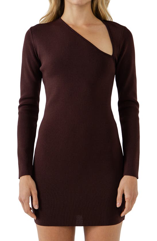 Endless Rose Asymmetric Neck Long Sleeve Knit Top In Brown
