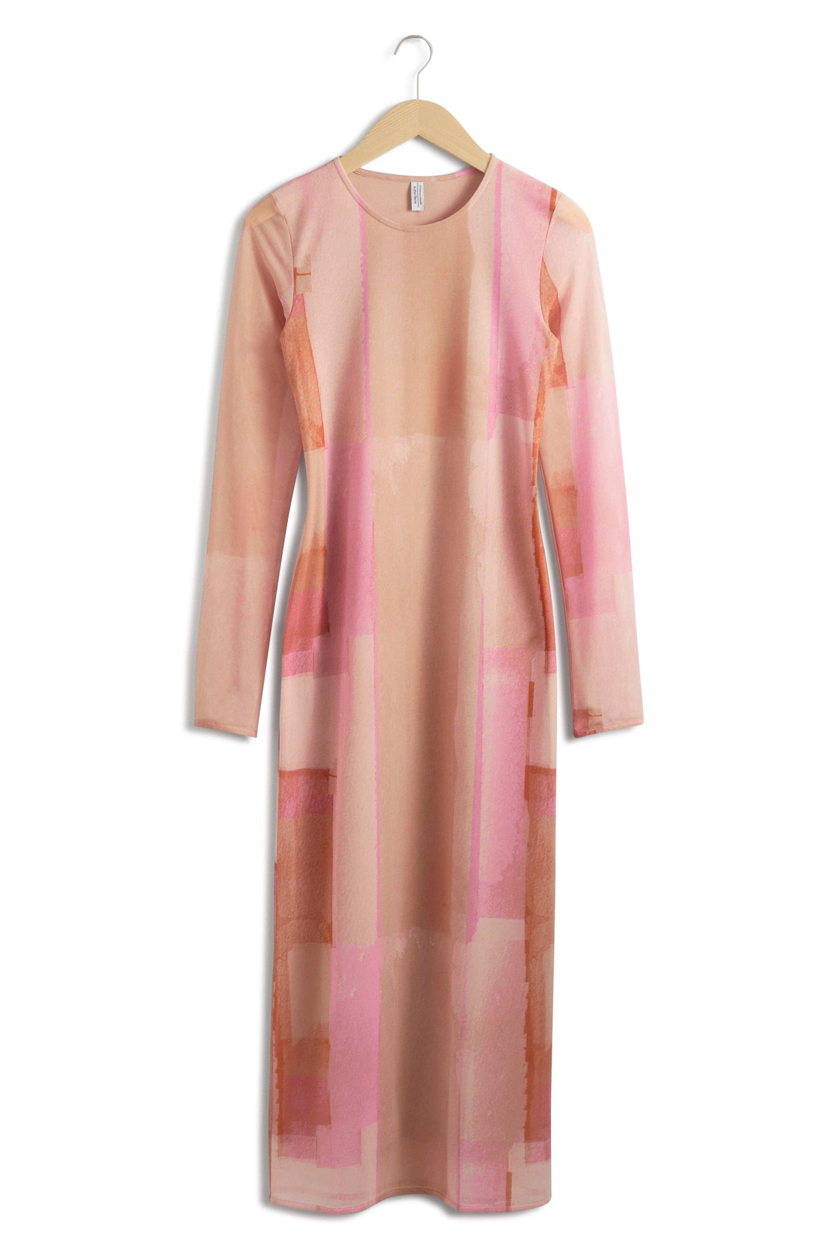 Other Stories & Other Stories Abstract Print Long Sleeve Mesh Midi Dress in  Pink Medium Dusty | Smart Closet
