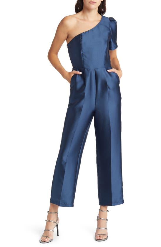Shop Lulus Divine Dream One-shoulder Satin Jumpsuit In Navy Blue
