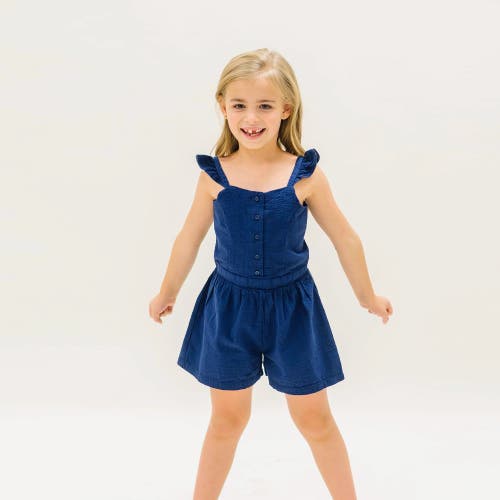 Hope & Henry Baby Girls' Flutter Button Front Romper, Infant In Navy Seersucker
