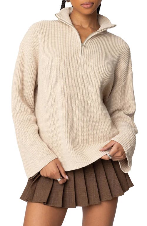 Edikted Amour High Neck Oversized Zip Sweater In Beige