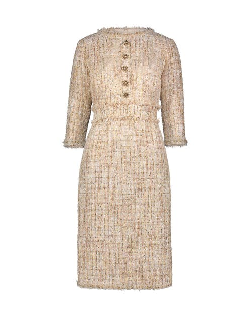 Mac Duggal High Neck 3/4 Sleeve Beaded Trim Midi Dress In Blush