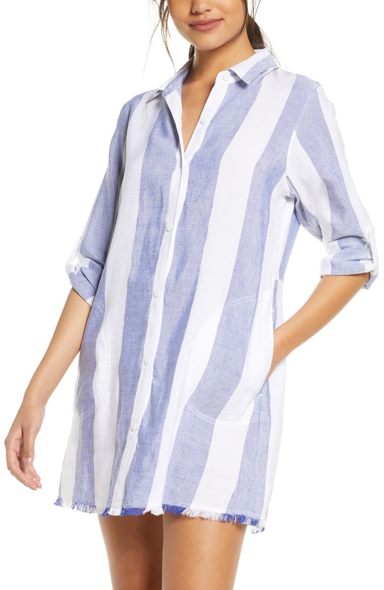 Tommy Bahama Rugby Beach Stripe Cover-Up Tunic Shirt, Main, color, White