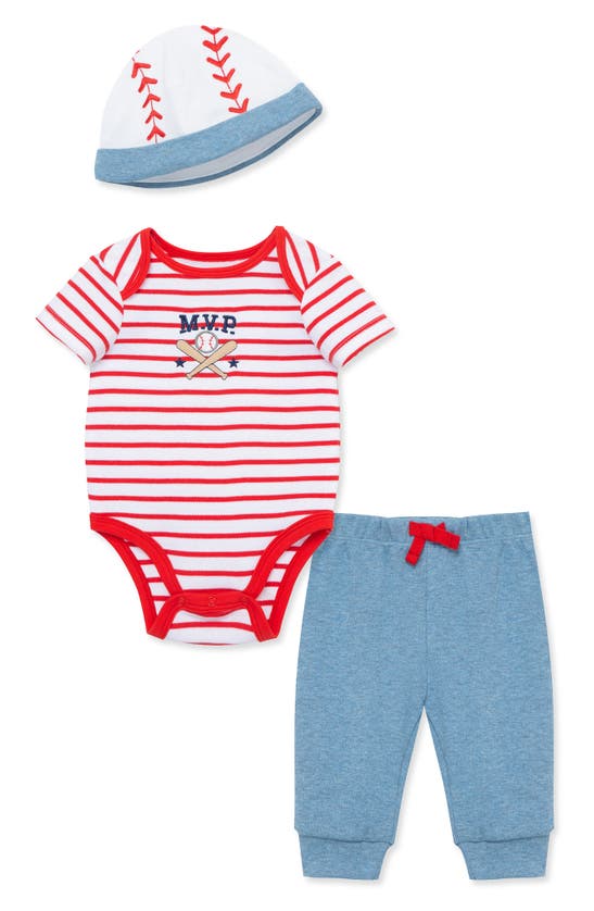Little Me Babies'  Baseball Bodysuit, Pants & Beanie Set In Blue