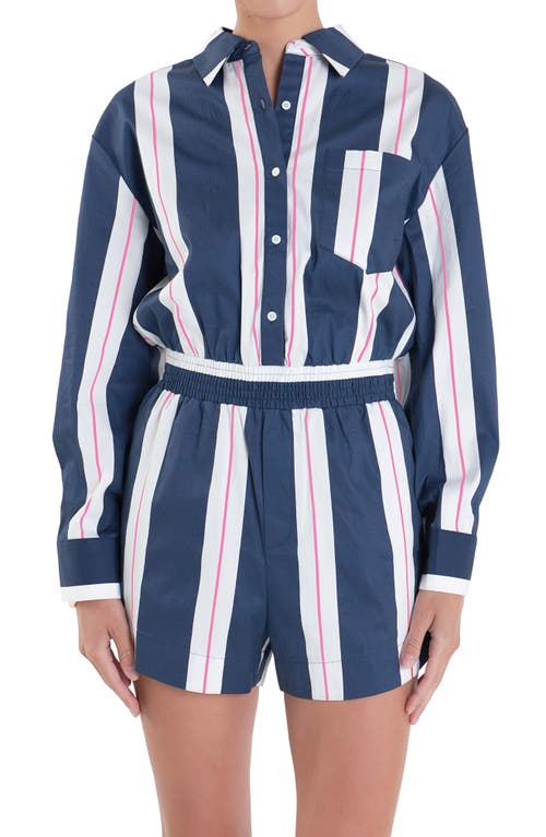 English Factory Stripe Long Sleeve Cotton Romper In Navy/ White