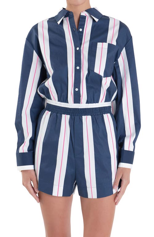 Shop English Factory Stripe Long Sleeve Cotton Romper In Navy/white