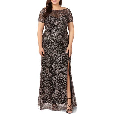 Plus Size Js Collections Embroidered Mesh Trumpet Gown, Black
