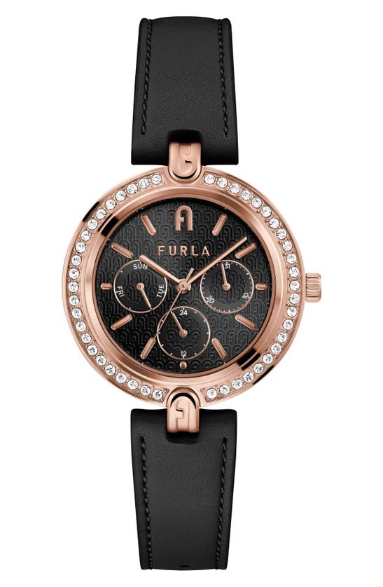 Furla Logo Links Leather Strap Watch, 36.5mm In Rose Gold/ Black/ Black |  ModeSens