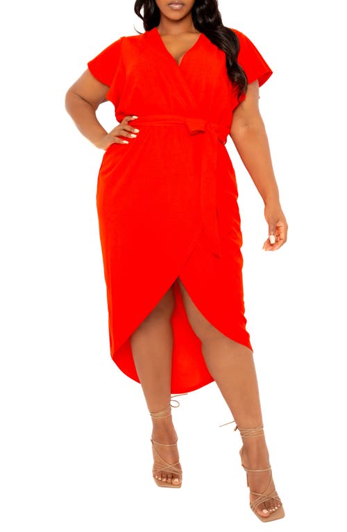 Flutter Sleeve High-Low Faux Wrap Dress in Orange Red