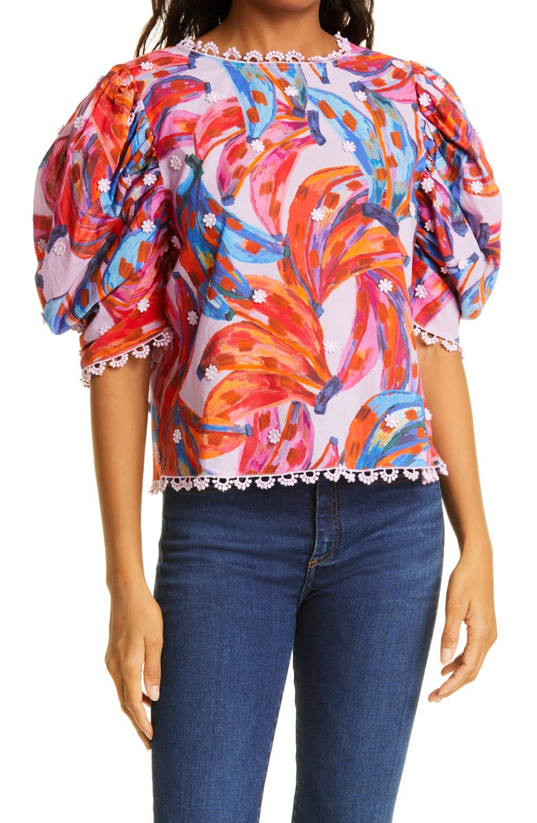 FARM RIO Colored Bananas Puff Sleeve Cotton Blouse, Main, color, LILAC