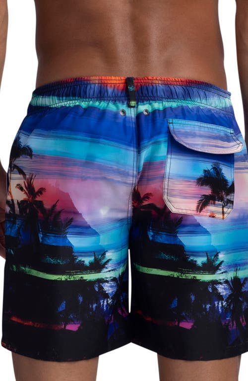 Bugatchi Rainbow Sunset Print Swim Trunks In Night Blue
