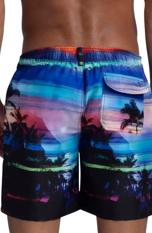 Shop Bugatchi Rainbow Sunset Print Swim Trunks In Night Blue