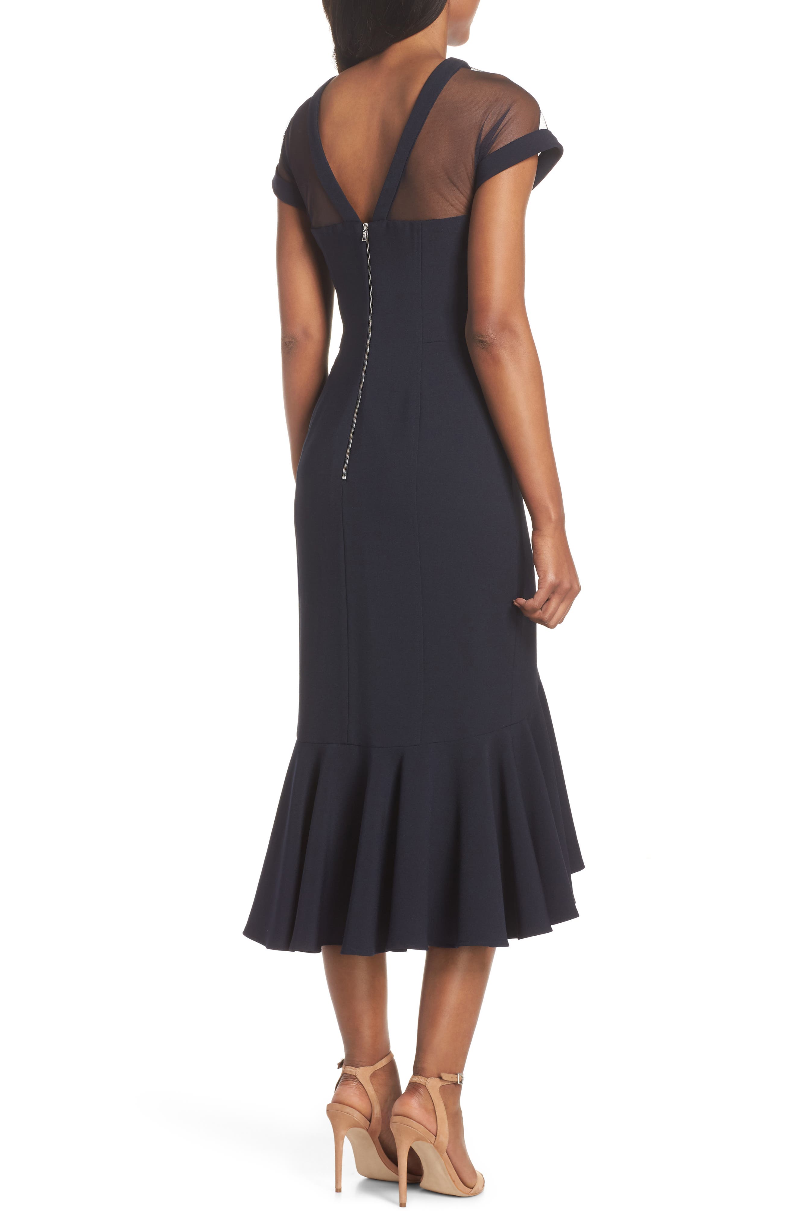 maggy london illusion neck crepe midi dress