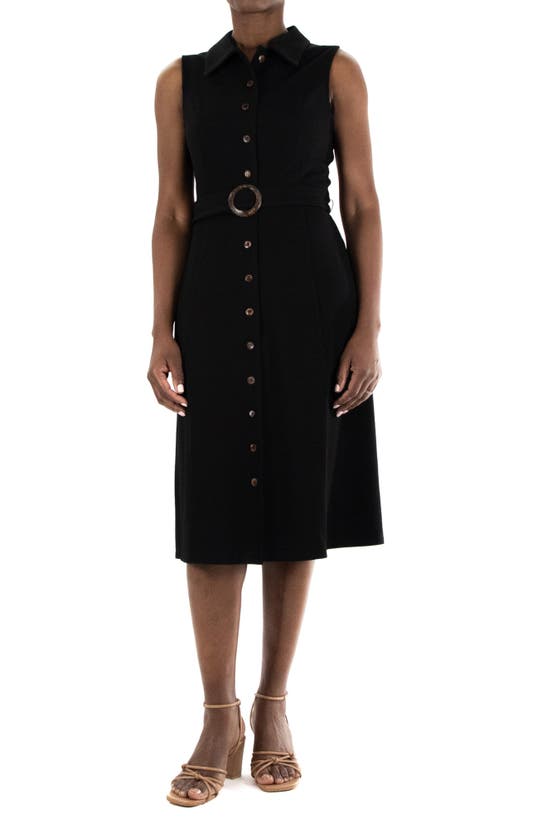 Nina Leonard Button Front Collared Midi Dress In Black | ModeSens