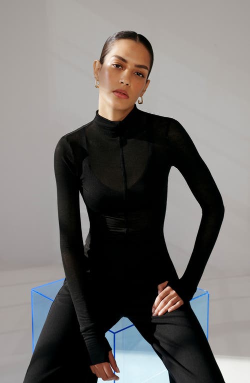 Marcella Alicia Sheer Mock Neck Knit Top In Black