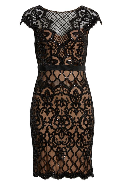 Shop Tadashi Shoji Sequin Lace Body-con Cocktail Dress In Black/nude