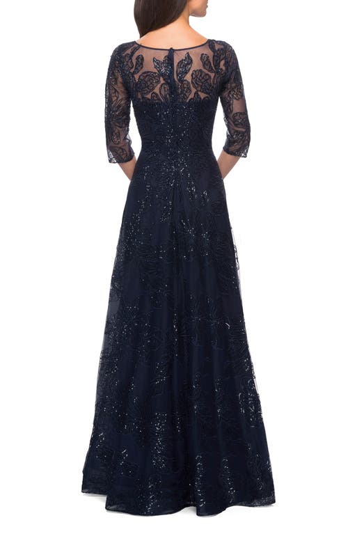 La Femme A-line Lace Sequin Gown With Sheer Scoop Neckline In Navy