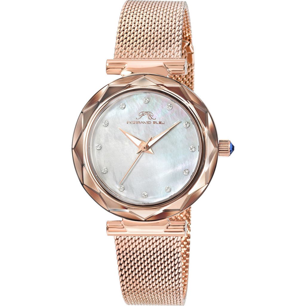 PORSAMO BLEU PORSAMO BLEU HAZEL WHITE TOPAZ MOTHER OF PEARL DIAL 3-HAND QUARTZ MESH STRAP WATCH, 33MM