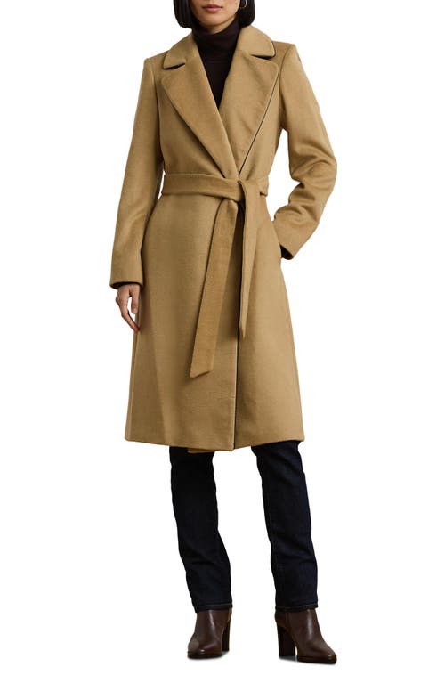 Lauren Ralph Lauren Wool Blend Coat With Faux Leather Piping In Camel