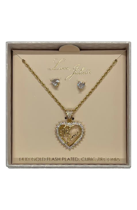 Cubic Zirconia Heart Stud Earrings & Heart Pendant Necklace Set