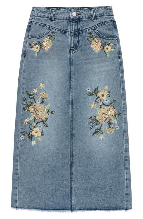 Kids' Sequin Floral Embroidered Maxi Jean Skirt (Big Kid)