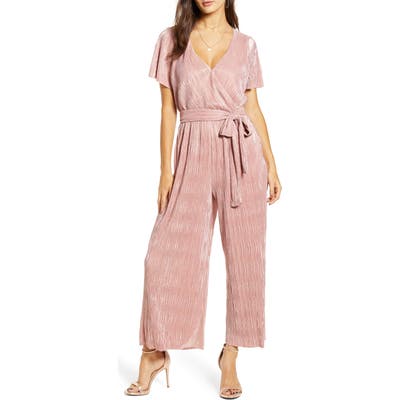 All In Favor Pleat Foil Tie Front Jumpsuit, Pink