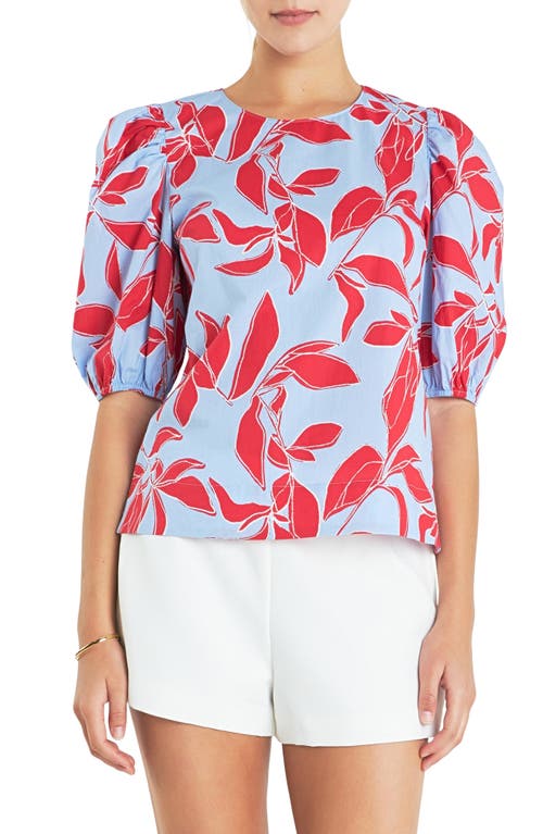 English Factory Leaf Print Puff Sleeve Cotton Top Blue Multi at Nordstrom,