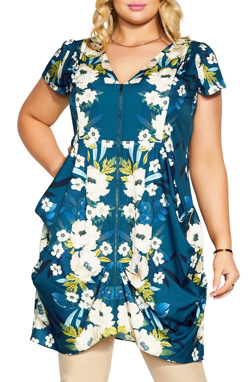 City Chic Emma Floral V-Neck Fitted Tunic Dress in Teal Mirror Bloom