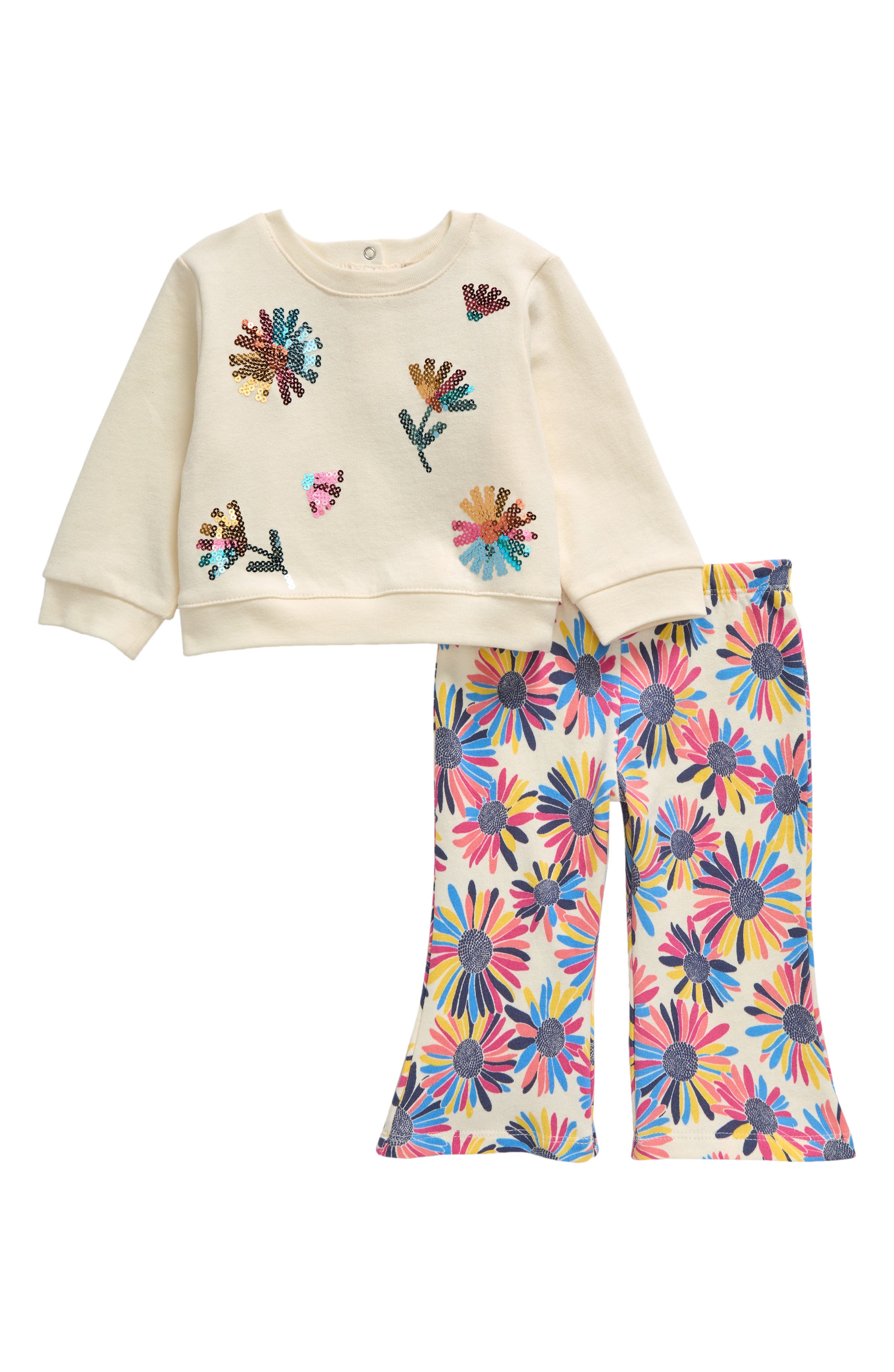 Peek Essentials Flowers Sequin Sweatshirt & Flare Pants Set in Off White 