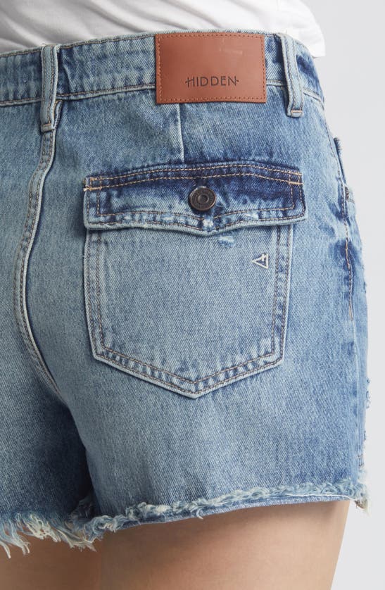 Hidden Jeans Utility Pocket Distressed High Waist Denim Mom Jeans In Dark Wash