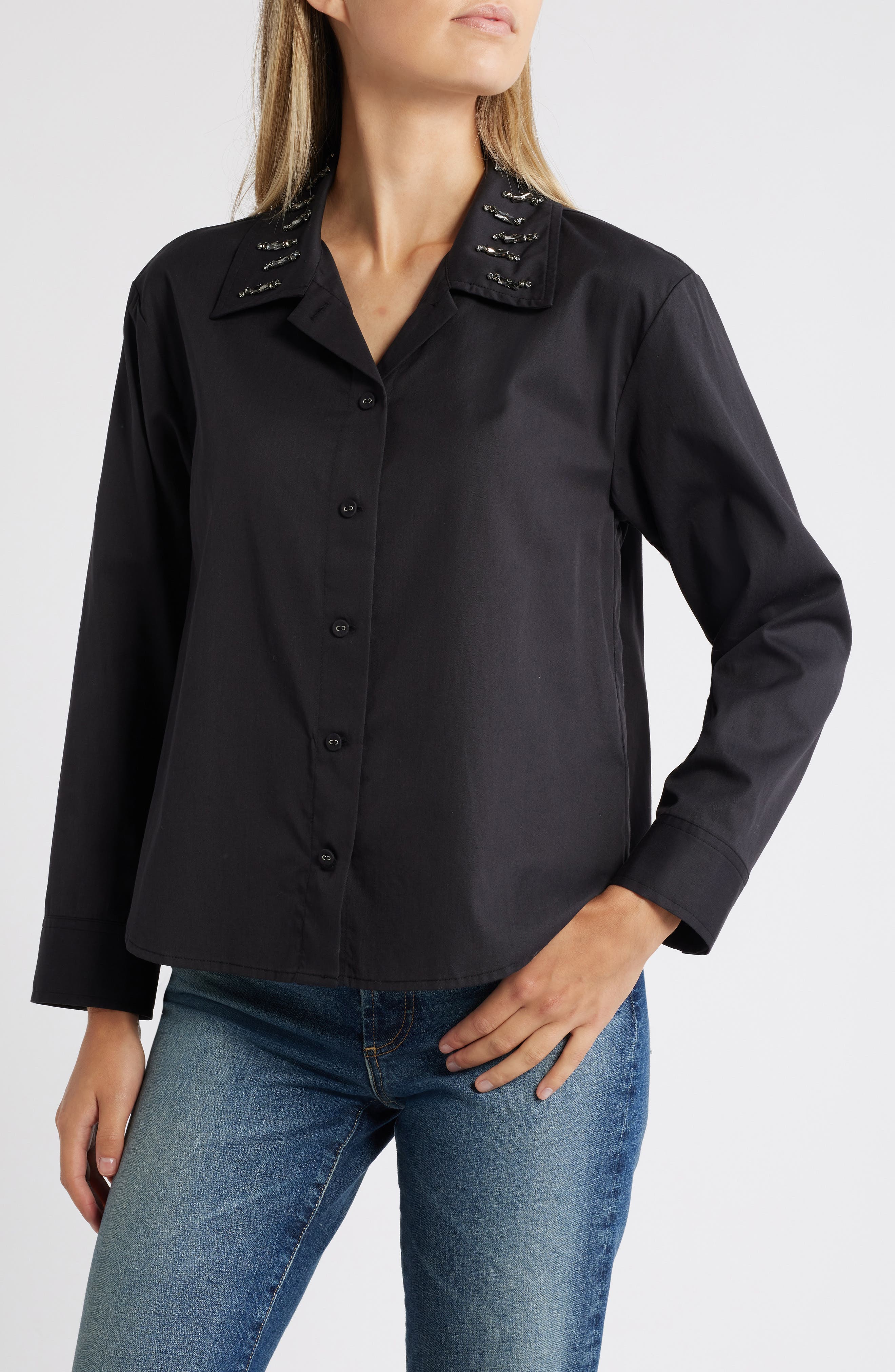 Wit & Wisdom Beaded Collar Cotton Blend Button-Up Shirt in Black 