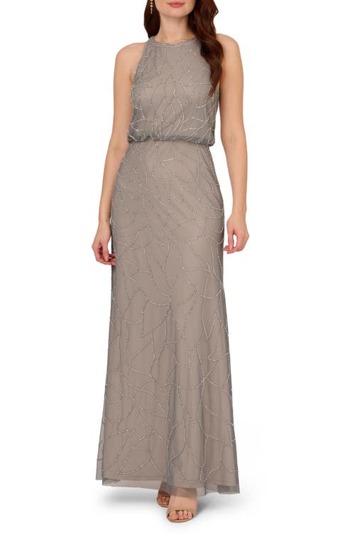 Adrianna Papell Beaded Sleeveless Blouson Gown In Pewter/silver