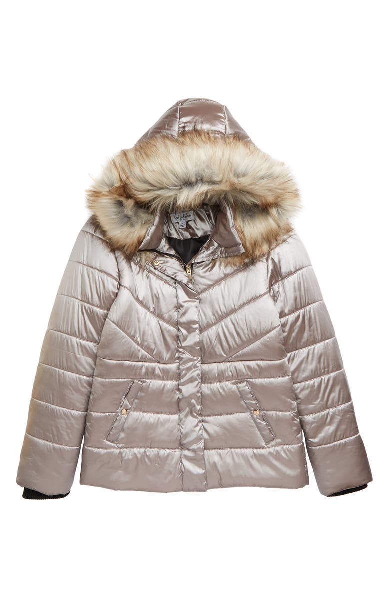 Coffee Shop Metallic Faux Fur Trim Puffer Jacket (Big Girls) | Nordstrom