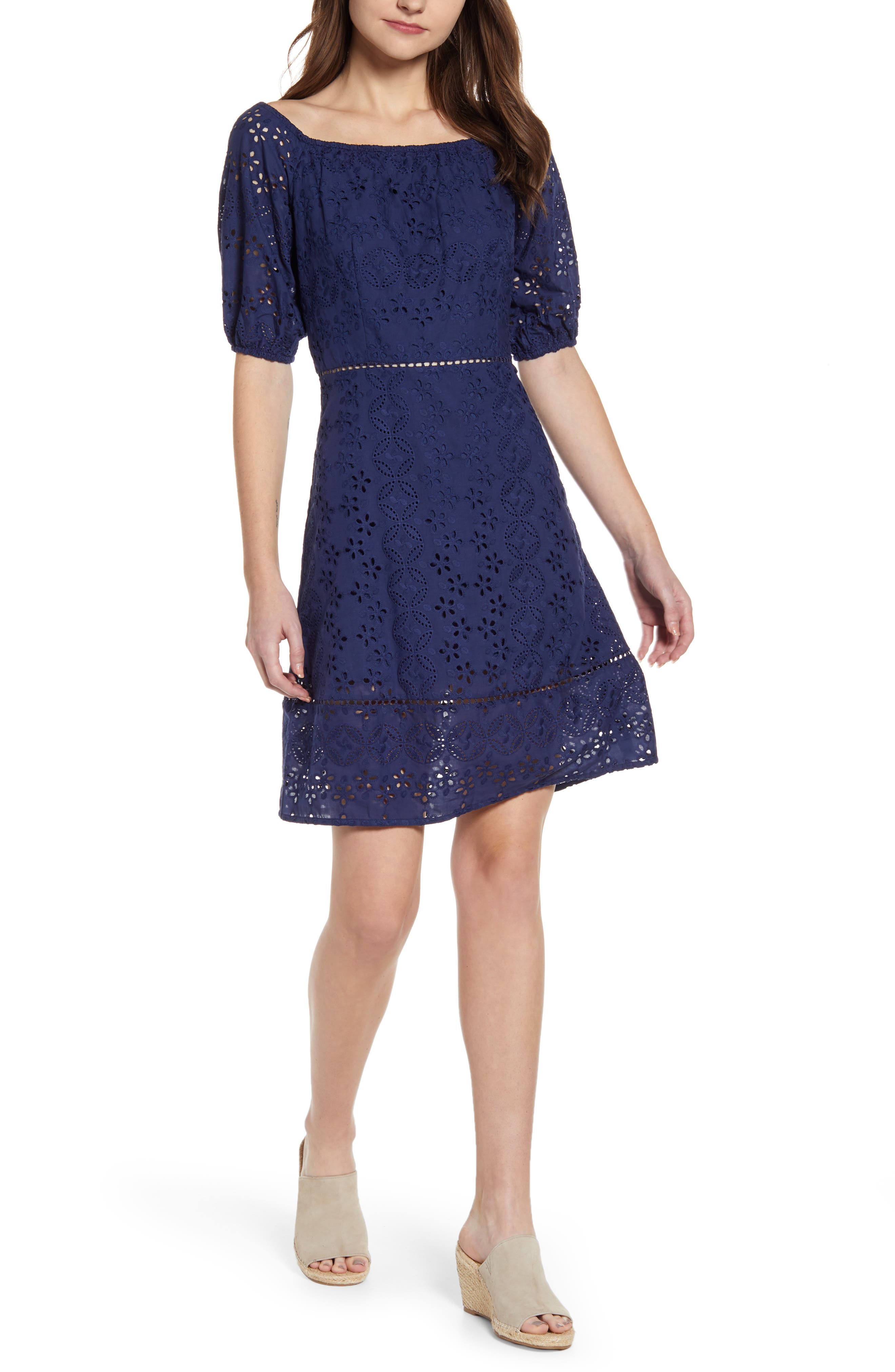 Vineyard Vines Cotton Eyelet Fit & Flare Dress, Blue