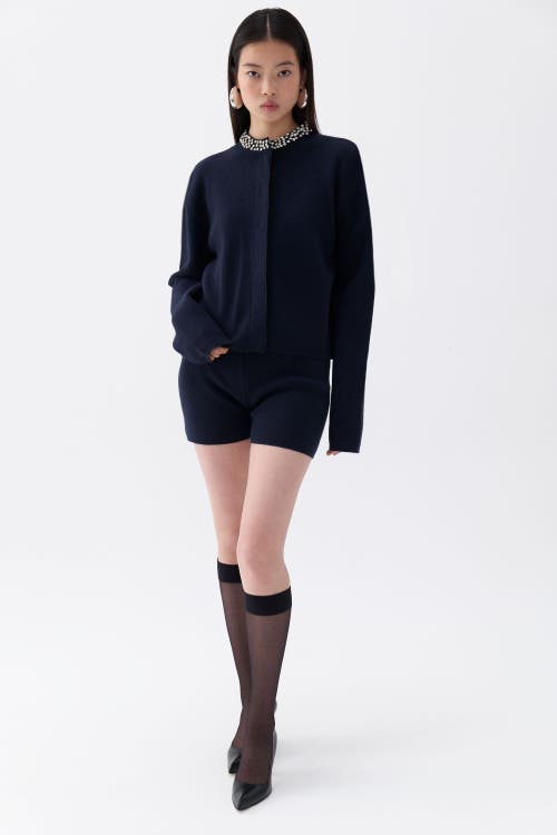 Shop Nocturne Shiny Stone Collar Cardigan In Navy Blue