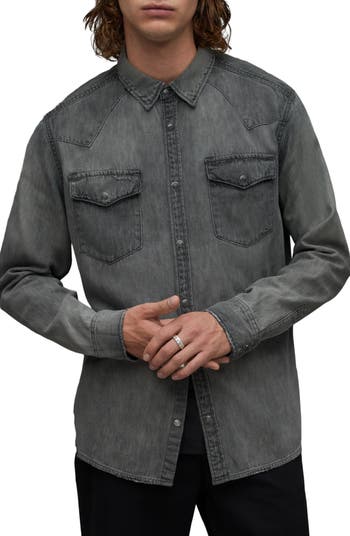 Essentials Men's Regular-Fit Short-Sleeve Chambray Shirt, Grey,  XX-Large