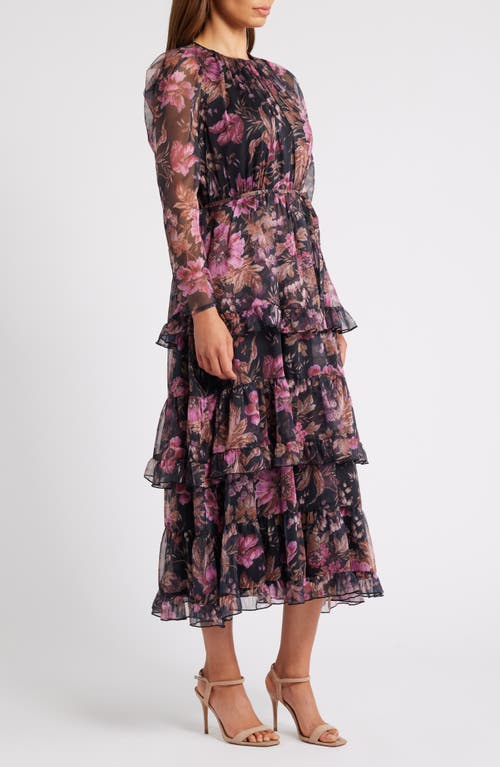 Shop Chelsea28 Floral Long Sleeve Tiered Midi Dress In Burgundy Multi